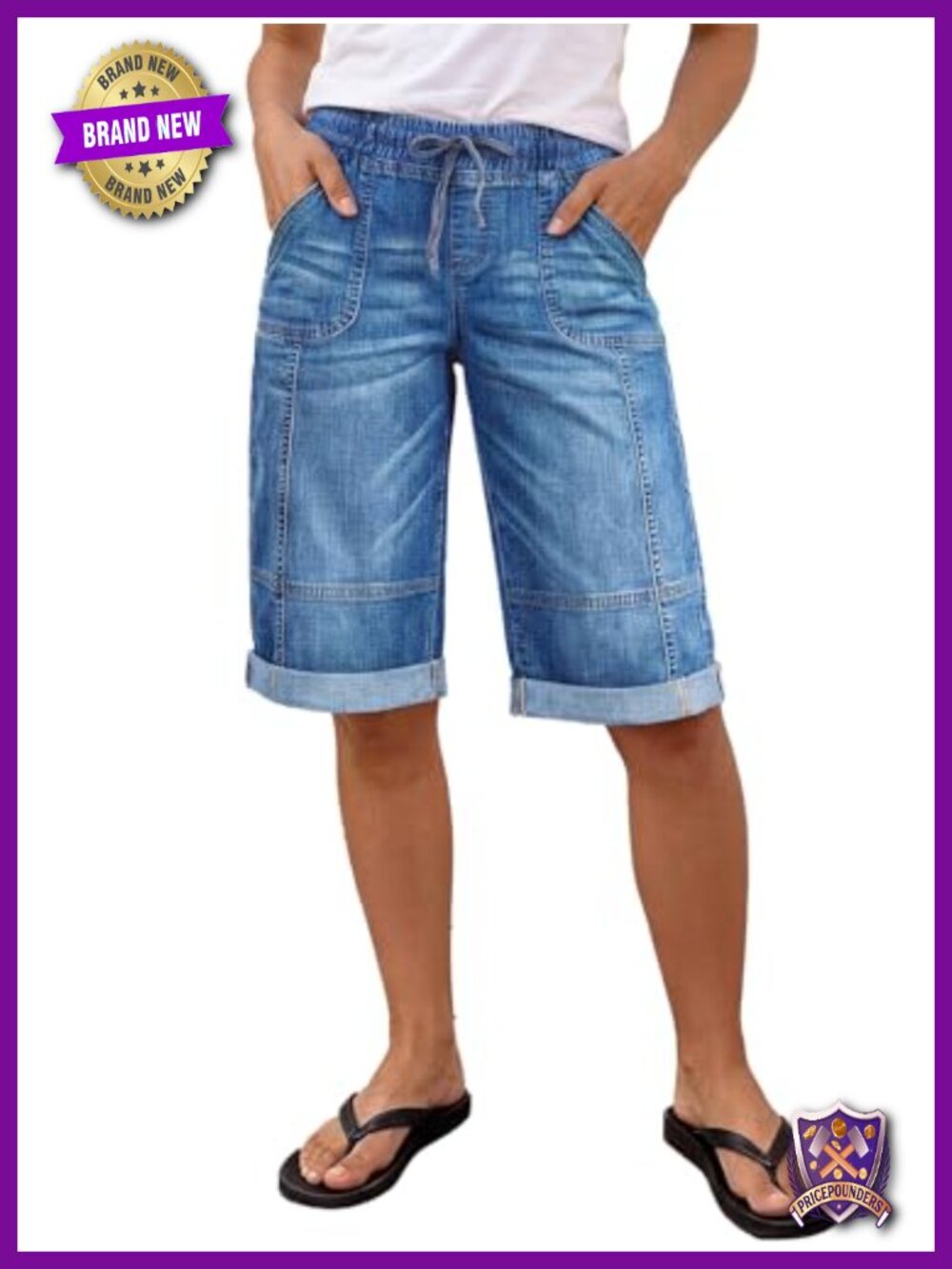 Mid Rise Straight Leg Bermuda Denim Shorts Drawstring Waist Cotton